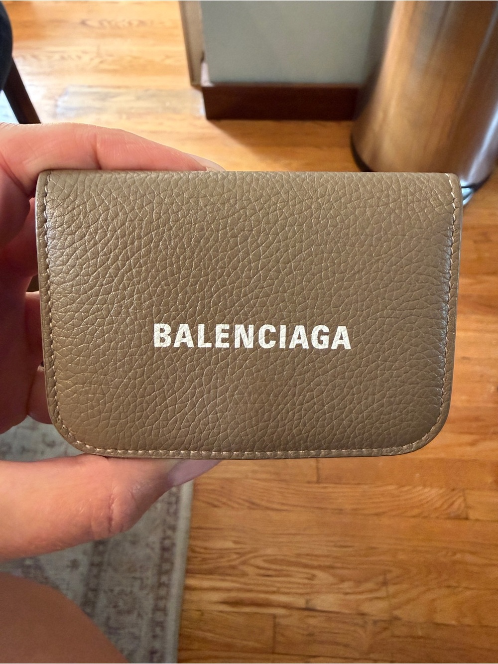 Balenciaga Taupe Pebbled Leather Card Holder with White Logo